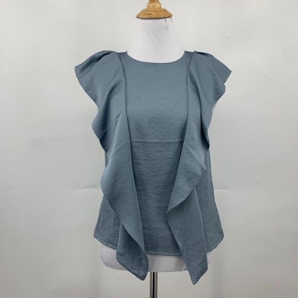 Express Top Women XS Extra Small Slate Satin Keyhole Back Flutter Sleeve Ruffle - Picture 2 of 12